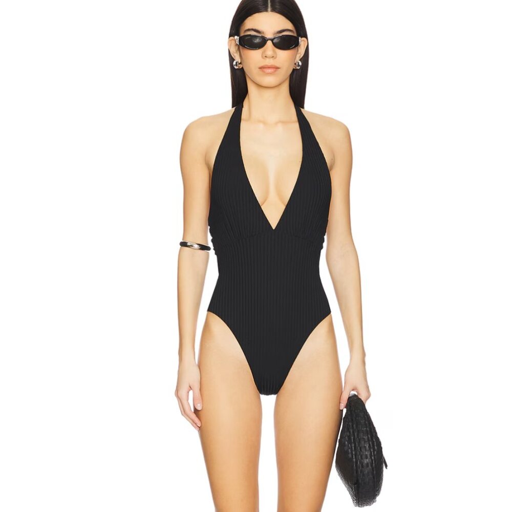 NEW LSPACE Coast To Coast One Piece Black V Neck Plunge Swimsuit L Space LSpace